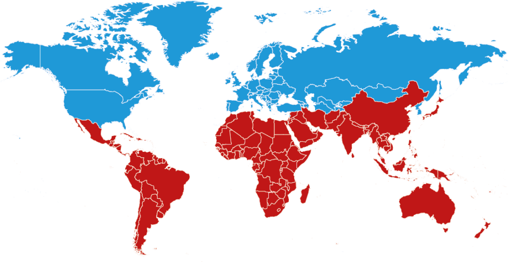 BLEU : Zones tempérées / ROUGE : Zones tropicales